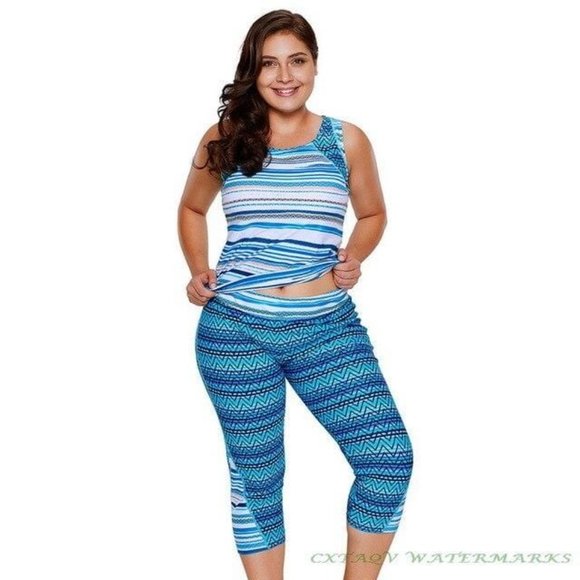 2019 New Women's Abstract Print Tankini Tops Swim Leggings Cropped Pants Two Pie - Picture 2 of 11